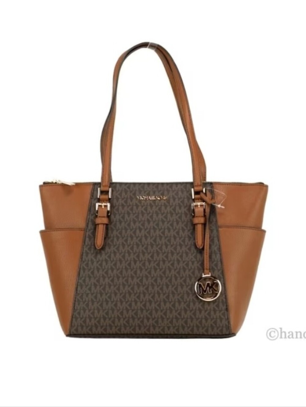 Michael Kors Brown MK Logo Tote with Saddle Trim